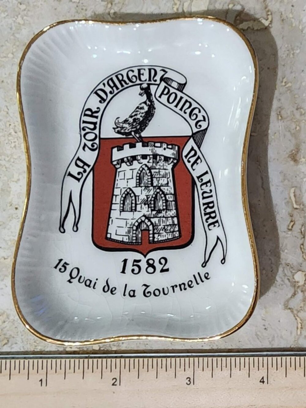 French Longchamp Porcelain Catchall Tray La Tour d'Argent Paris Gold Rim Dish